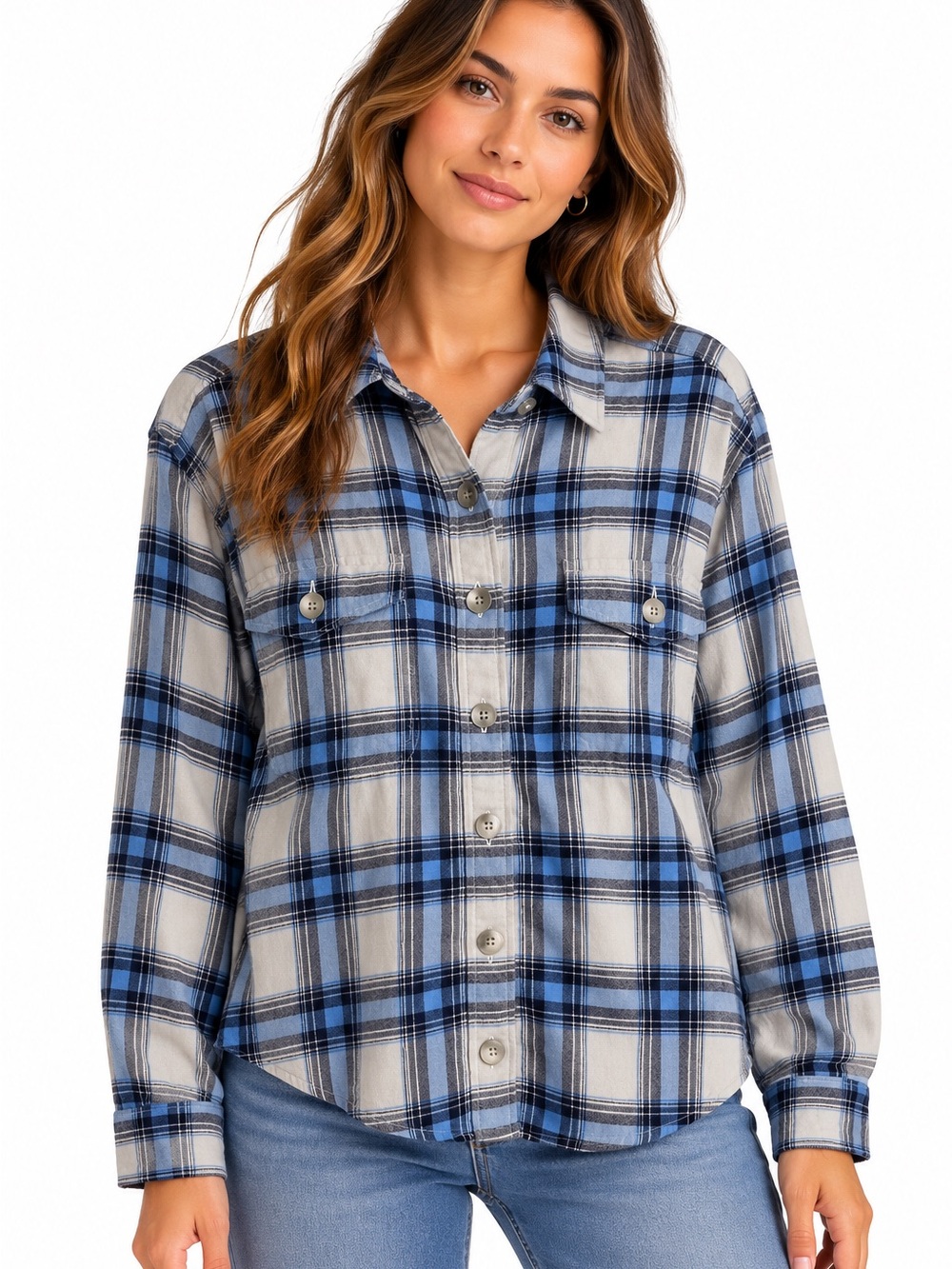 American Eagle Women’s XS Blue Cream Plaid Button Down Flannel Shirt